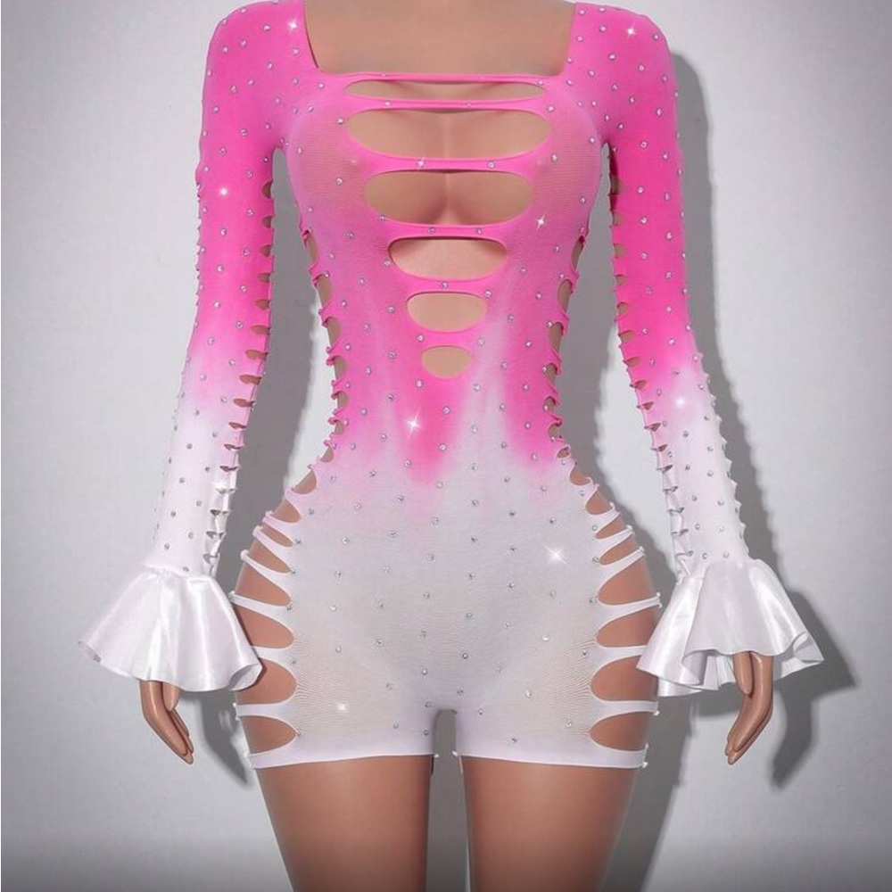 Pink to White Ombre Cutout Rhinestone Romper